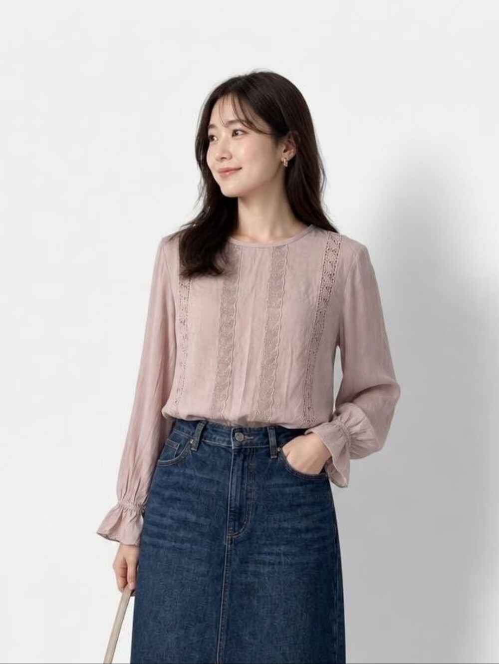 Sundance Dusty Rose Lace-Trim Long Sleeve Blouse